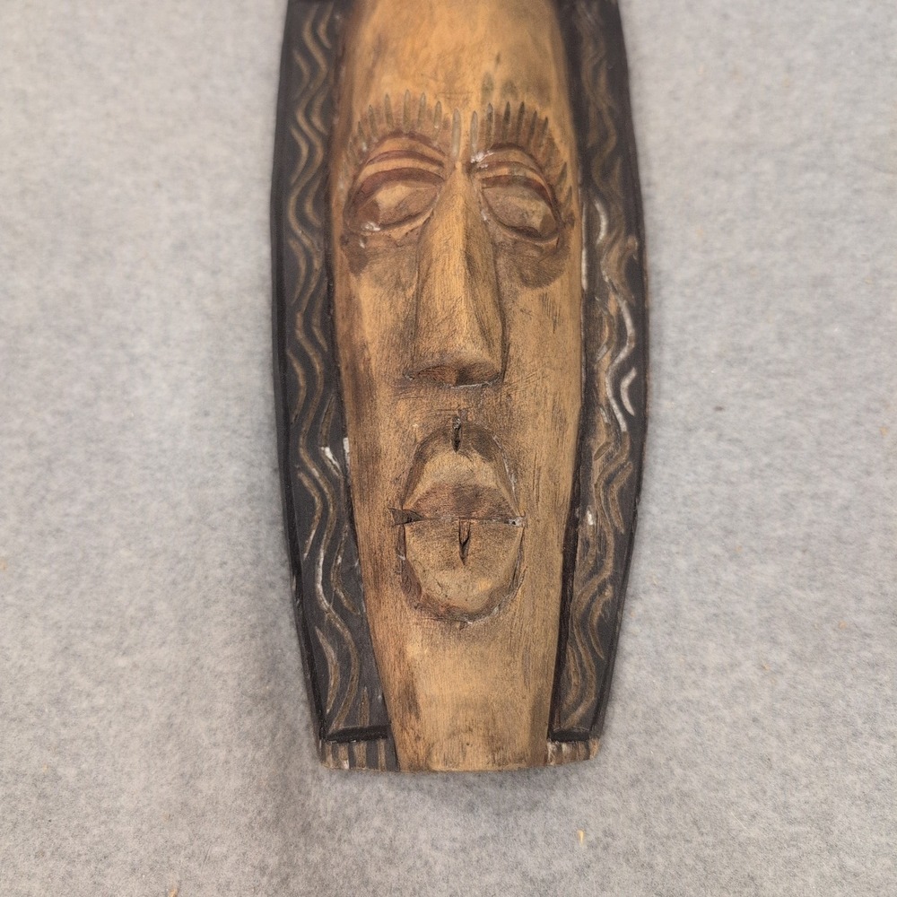 Vintage Hand Carved Wooden Tribal Mask Elongated Wall Art Decor 26 Inch - Picture 2 of 6